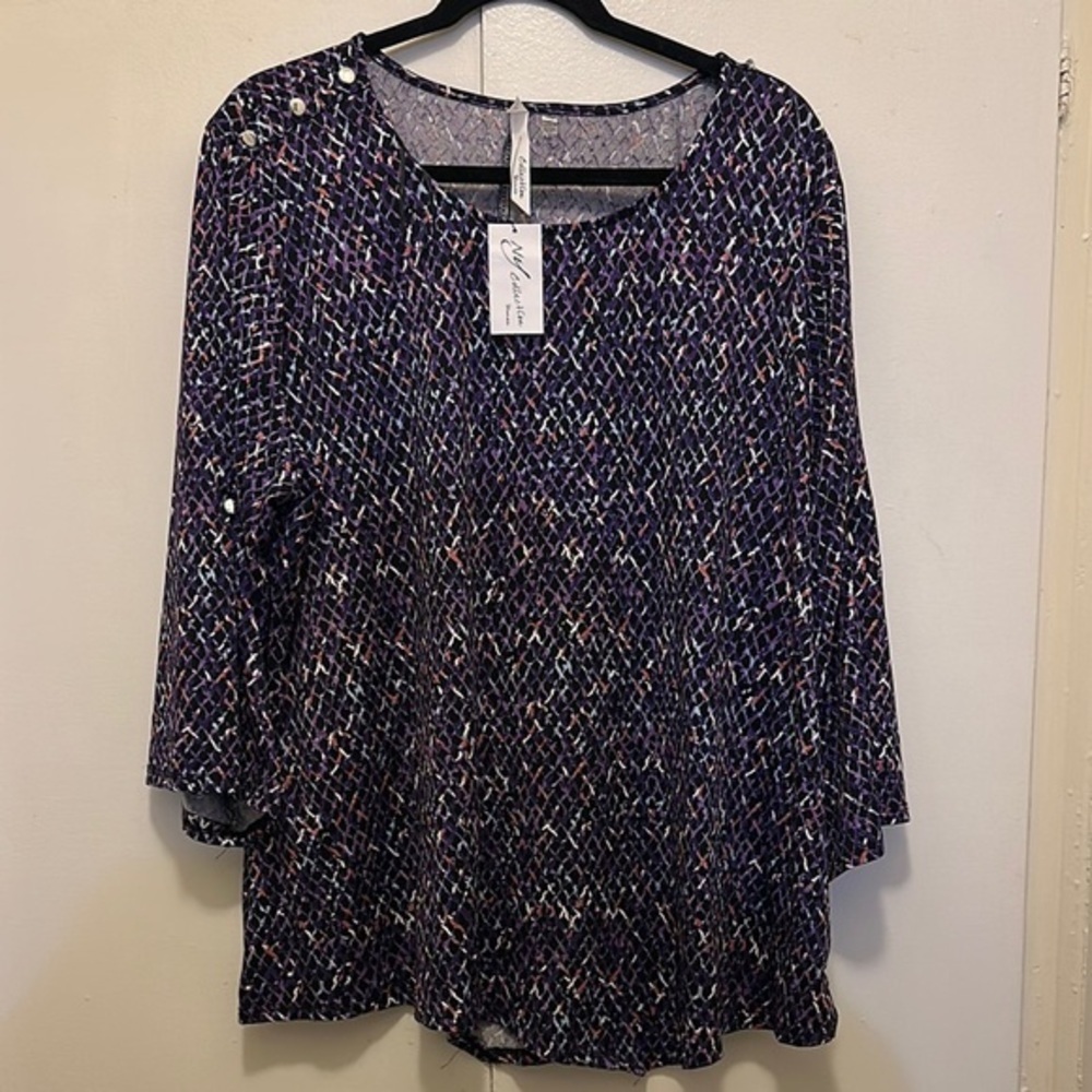NY Collection Blue and White 3/4 Sleeve Boxy Blouse